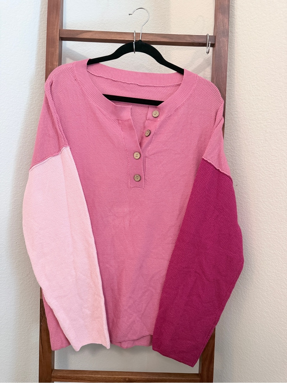 Women’s Pink Colorblock V-Neck Henley Sweater